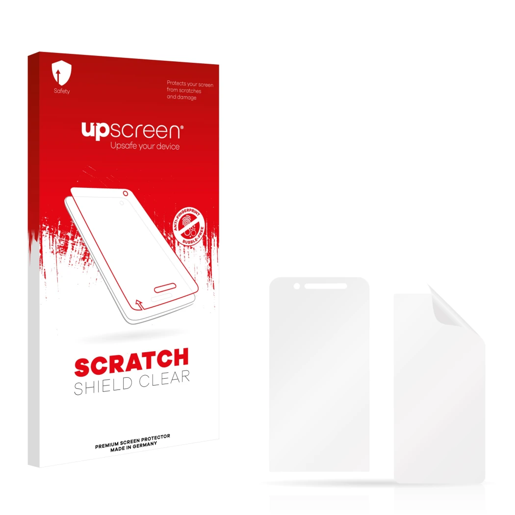 Face avant d’un emballage produit avec le logo de la marque upscreen. À côté se trouve la protection d’écran correspondante.