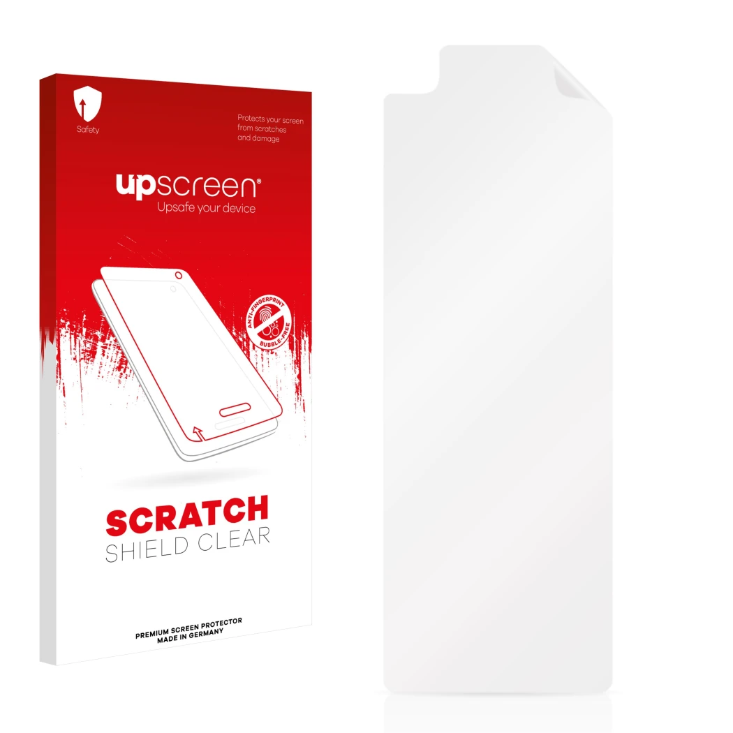 Face avant d’un emballage produit avec le logo de la marque upscreen. À côté se trouve la protection d’écran correspondante.