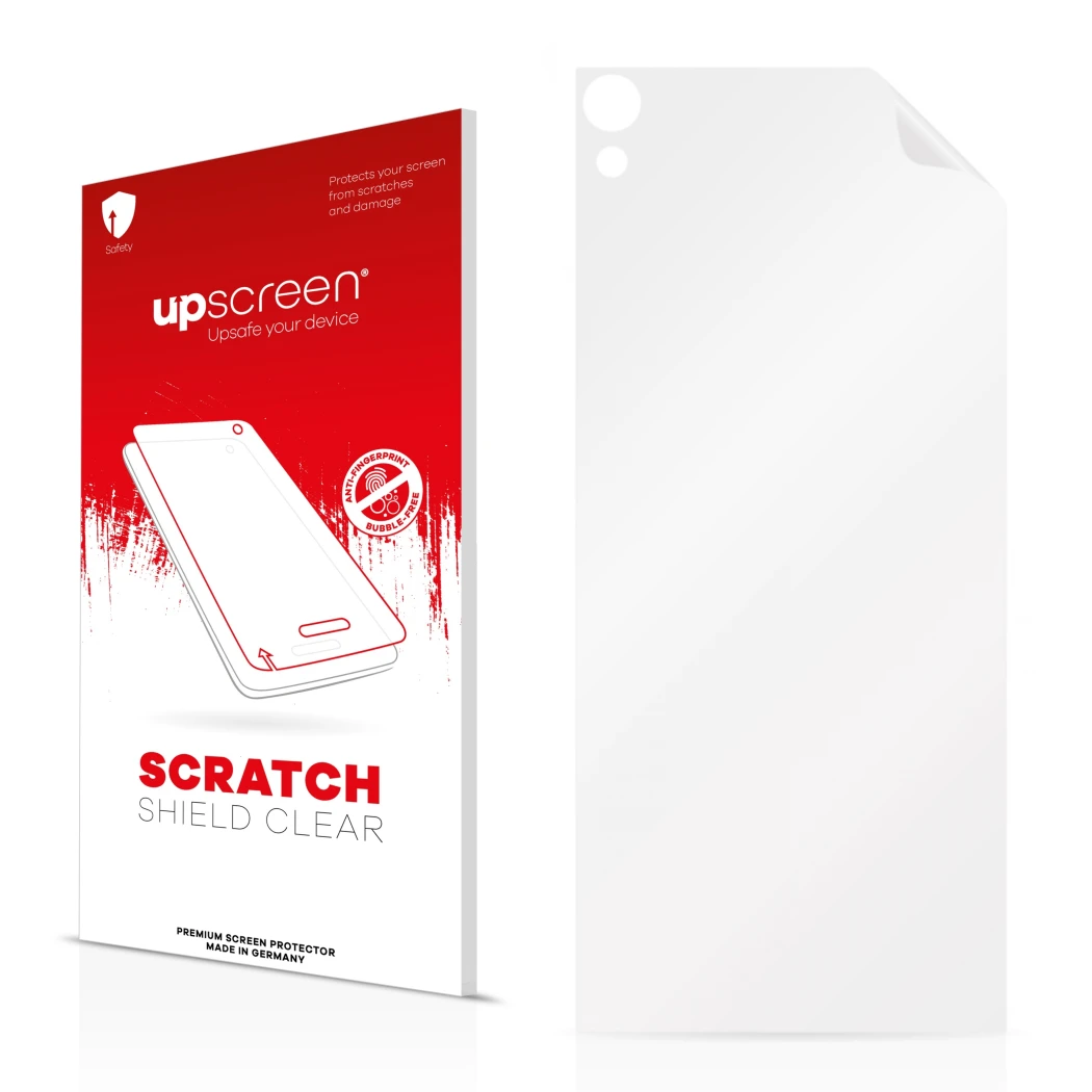 Face avant d’un emballage produit avec le logo de la marque upscreen. À côté se trouve la protection d’écran correspondante.
