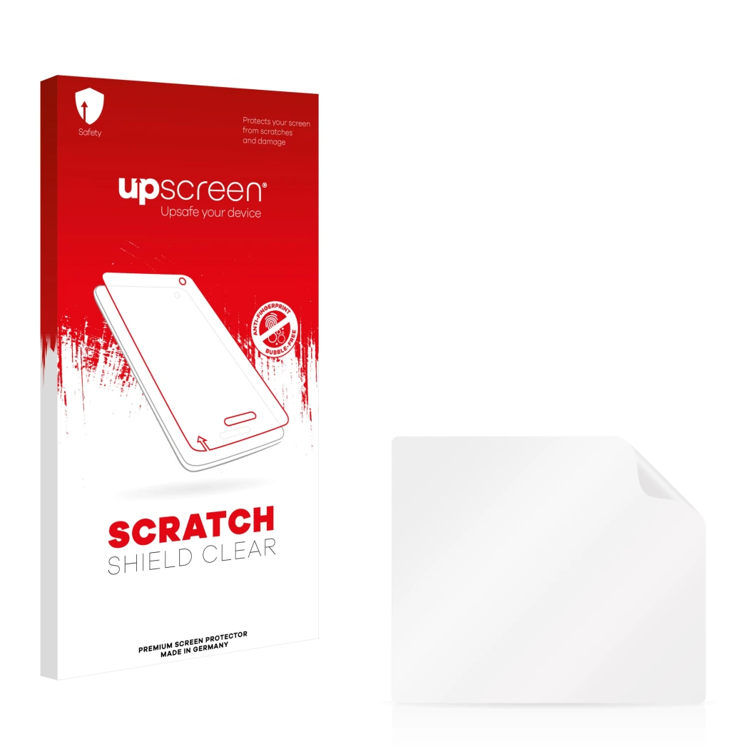 Face avant d’un emballage produit avec le logo de la marque upscreen. À côté se trouve la protection d’écran correspondante.