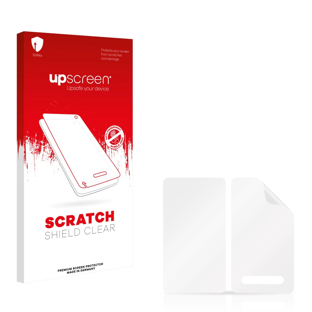 Face avant d’un emballage produit avec le logo de la marque upscreen. À côté se trouve la protection d’écran correspondante.