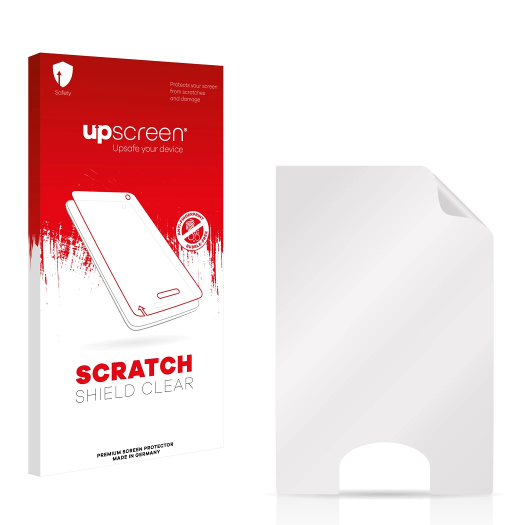 Face avant d’un emballage produit avec le logo de la marque upscreen. À côté se trouve la protection d’écran correspondante.