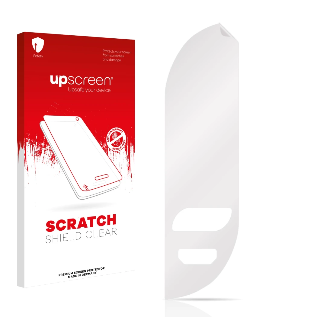 Face avant d’un emballage produit avec le logo de la marque upscreen. À côté se trouve la protection d’écran correspondante.
