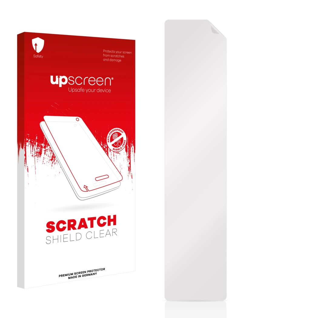 Face avant d’un emballage produit avec le logo de la marque upscreen. À côté se trouve la protection d’écran correspondante.