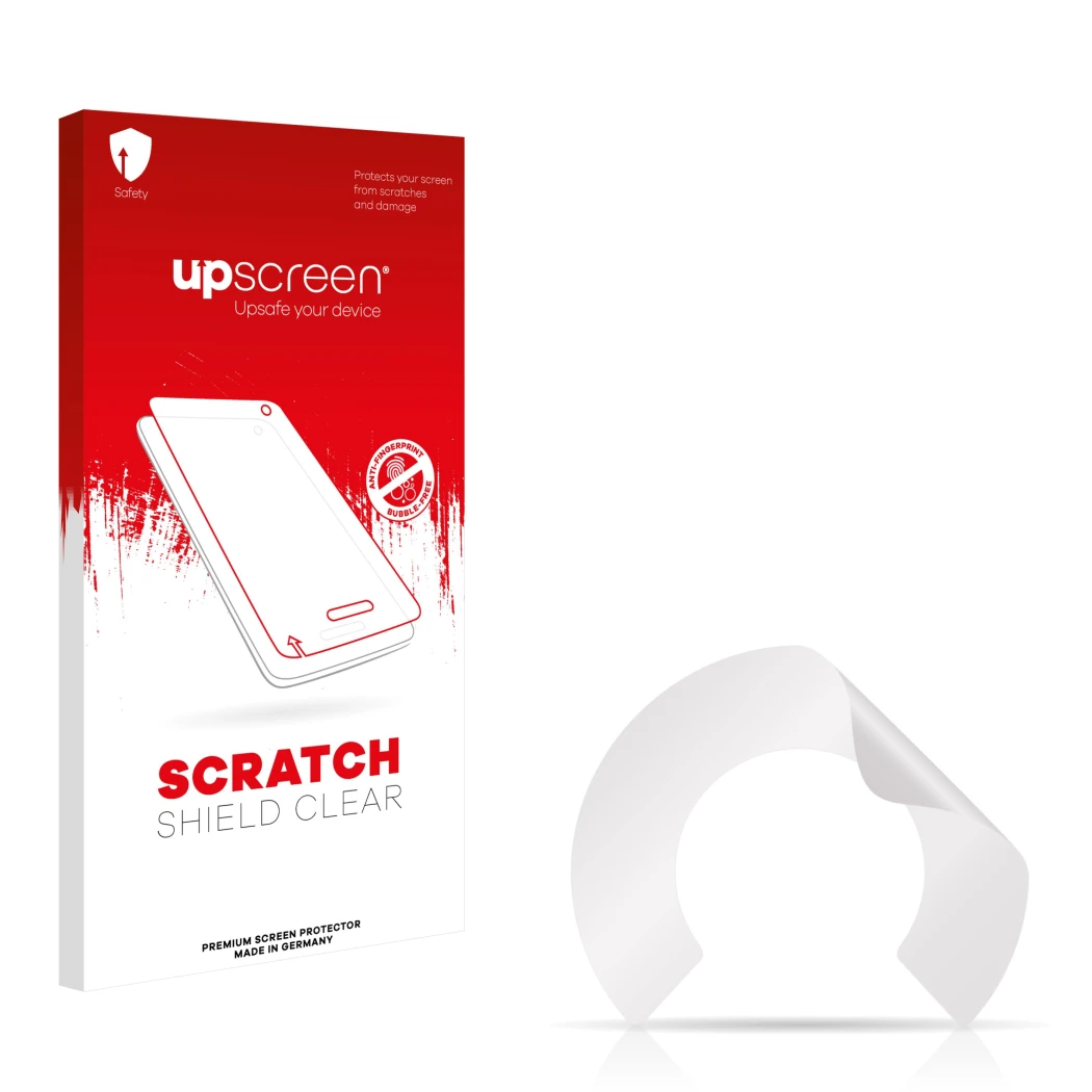 Face avant d’un emballage produit avec le logo de la marque upscreen. À côté se trouve la protection d’écran correspondante.