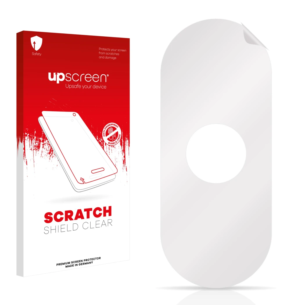 Face avant d’un emballage produit avec le logo de la marque upscreen. À côté se trouve la protection d’écran correspondante.