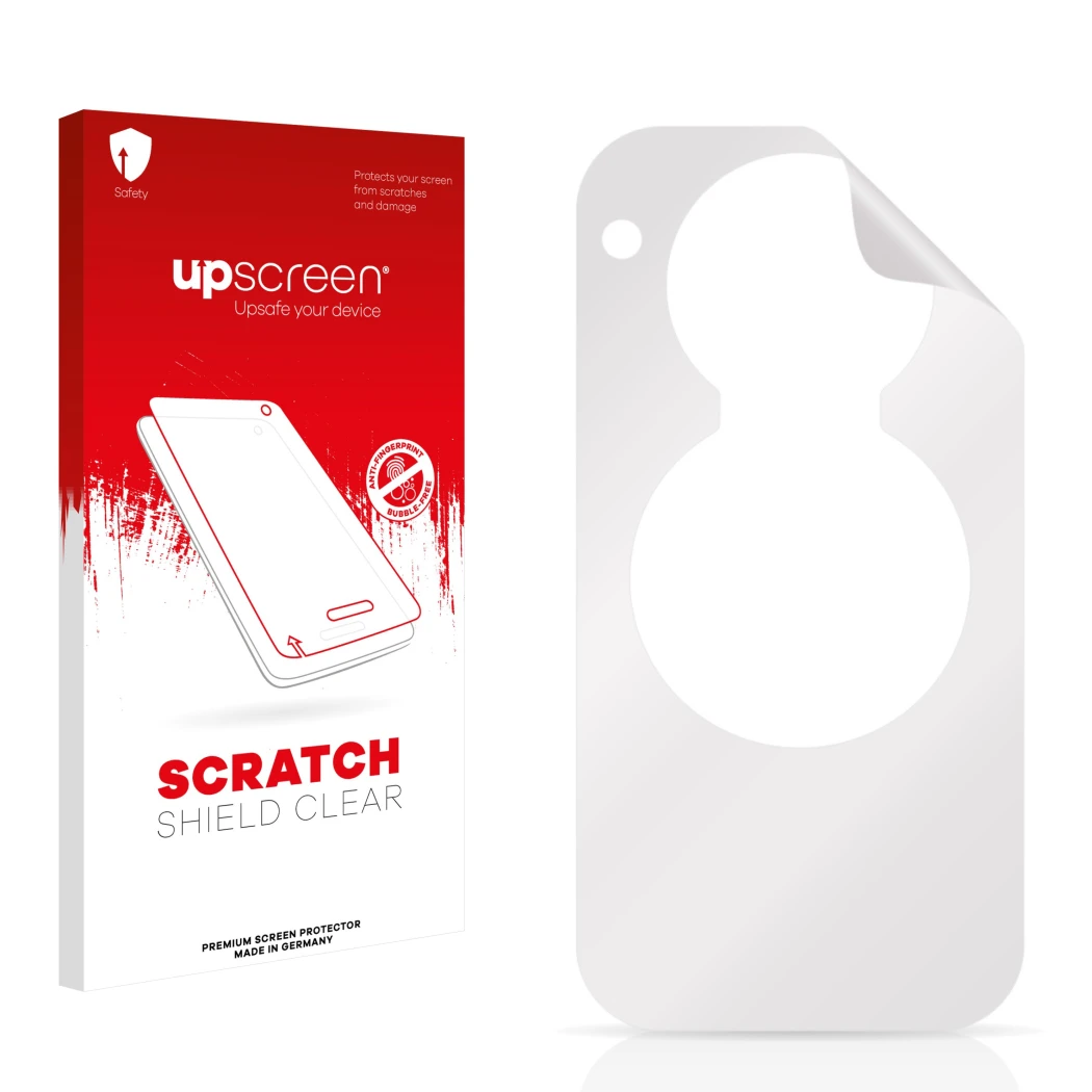 Face avant d’un emballage produit avec le logo de la marque upscreen. À côté se trouve la protection d’écran correspondante.