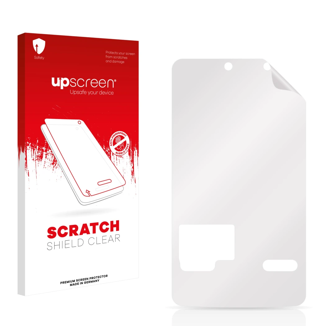 Face avant d’un emballage produit avec le logo de la marque upscreen. À côté se trouve la protection d’écran correspondante.