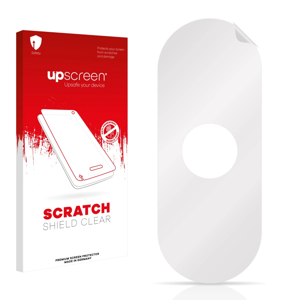 Face avant d’un emballage produit avec le logo de la marque upscreen. À côté se trouve la protection d’écran correspondante.