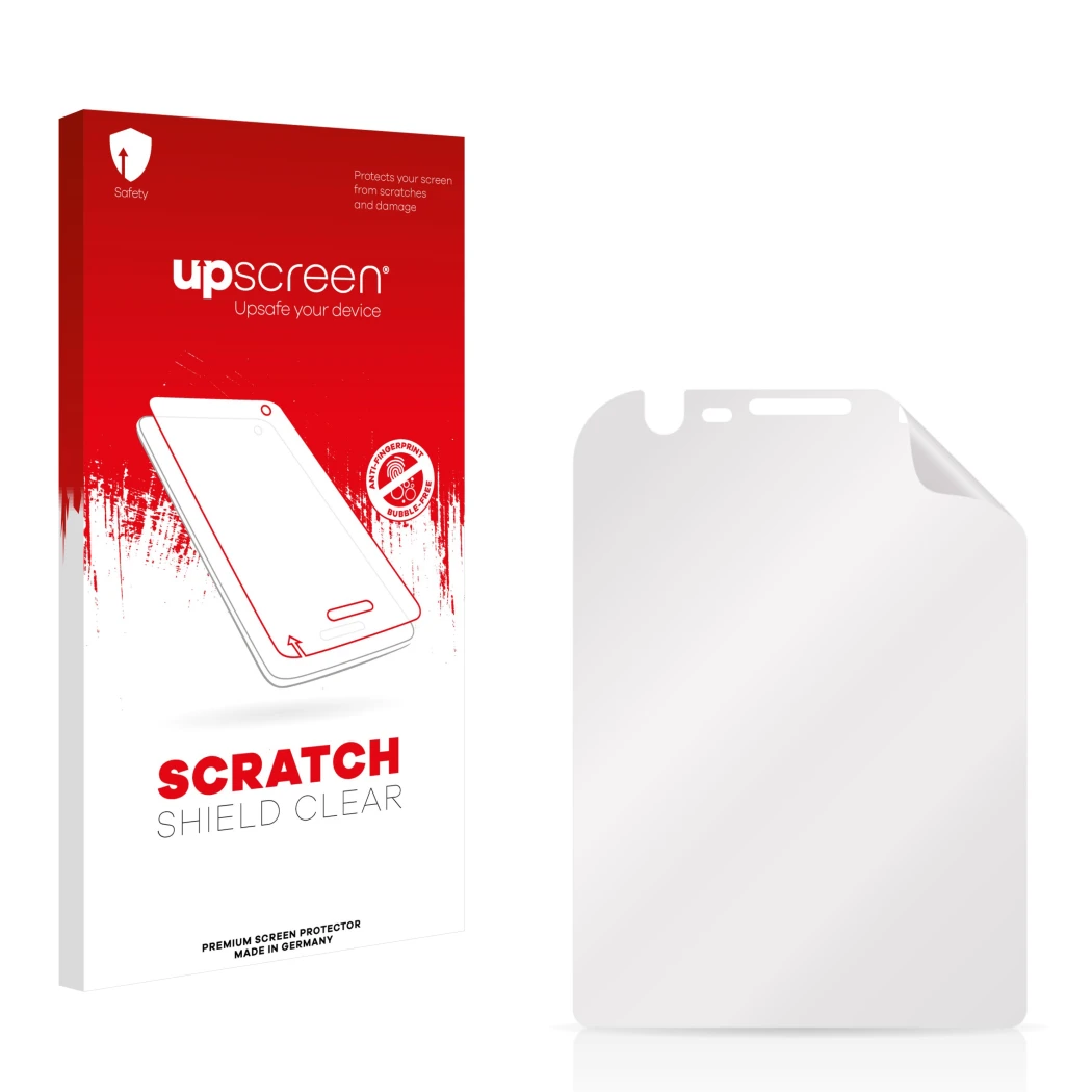 Face avant d’un emballage produit avec le logo de la marque upscreen. À côté se trouve la protection d’écran correspondante.