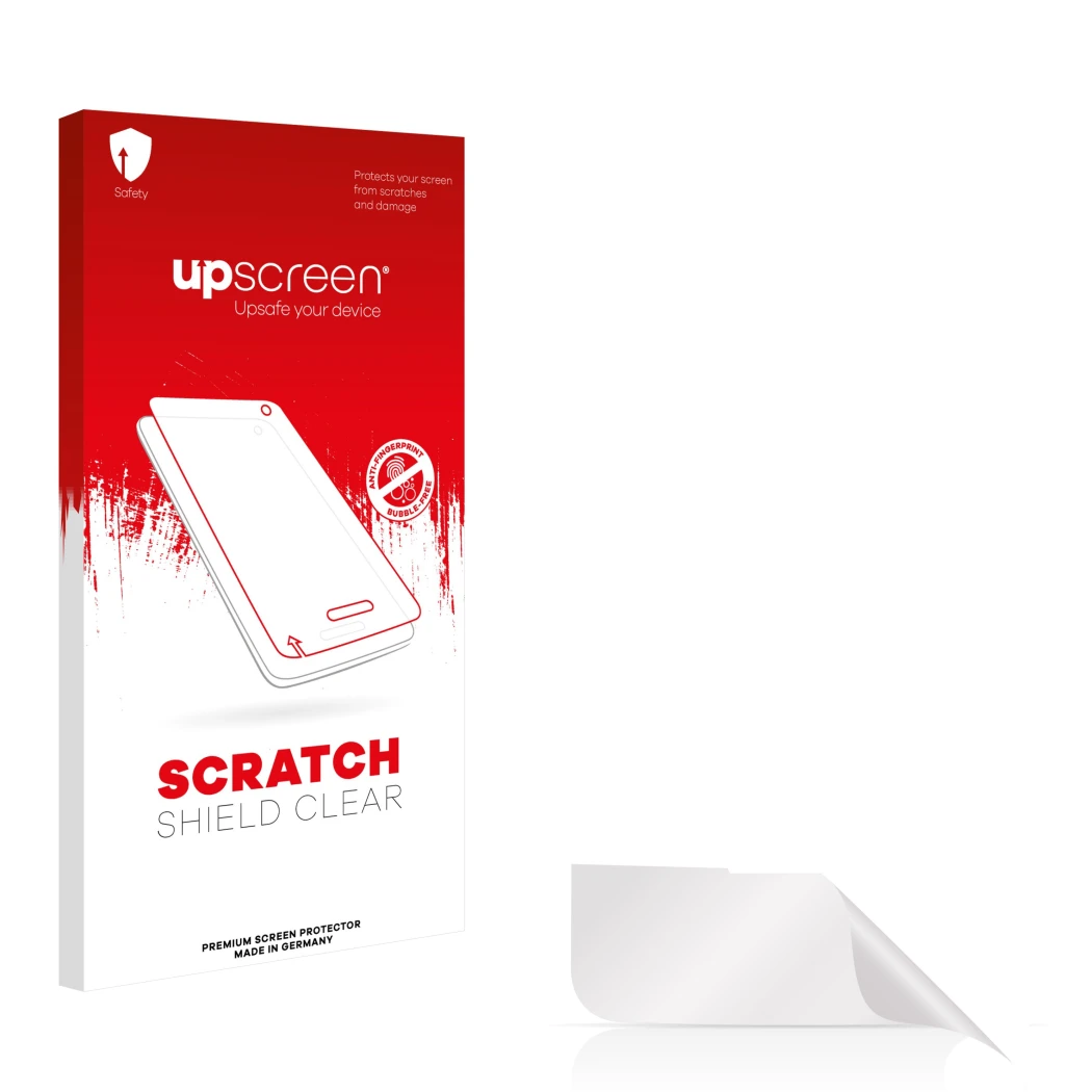 Face avant d’un emballage produit avec le logo de la marque upscreen. À côté se trouve la protection d’écran correspondante.