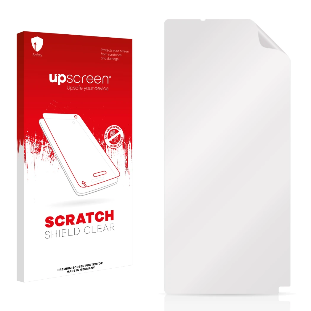 Face avant d’un emballage produit avec le logo de la marque upscreen. À côté se trouve la protection d’écran correspondante.