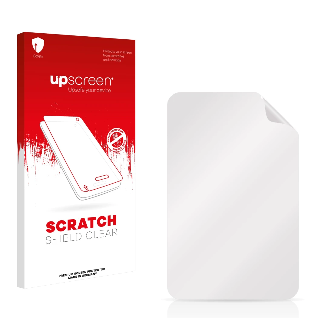 Face avant d’un emballage produit avec le logo de la marque upscreen. À côté se trouve la protection d’écran correspondante.