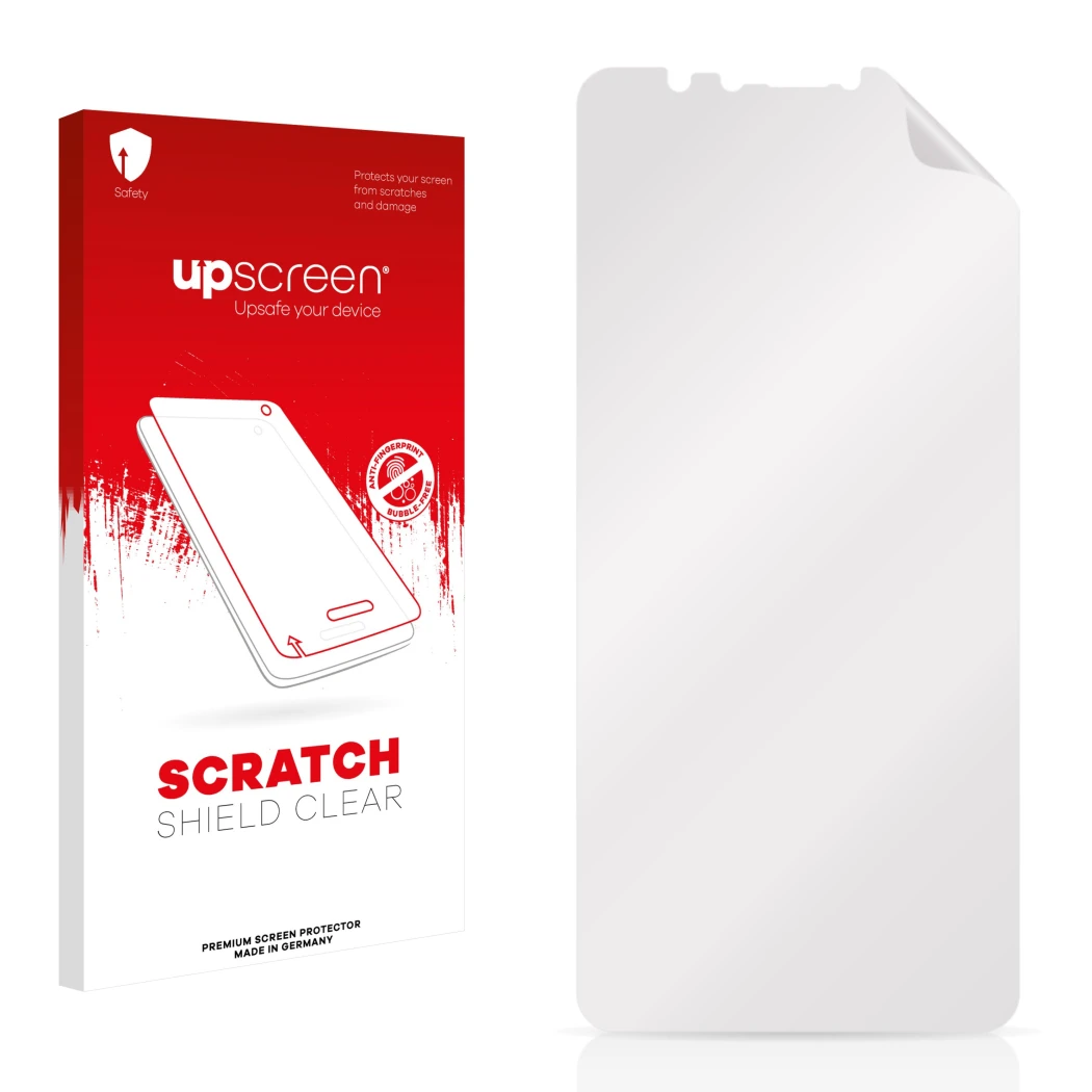Face avant d’un emballage produit avec le logo de la marque upscreen. À côté se trouve la protection d’écran correspondante.