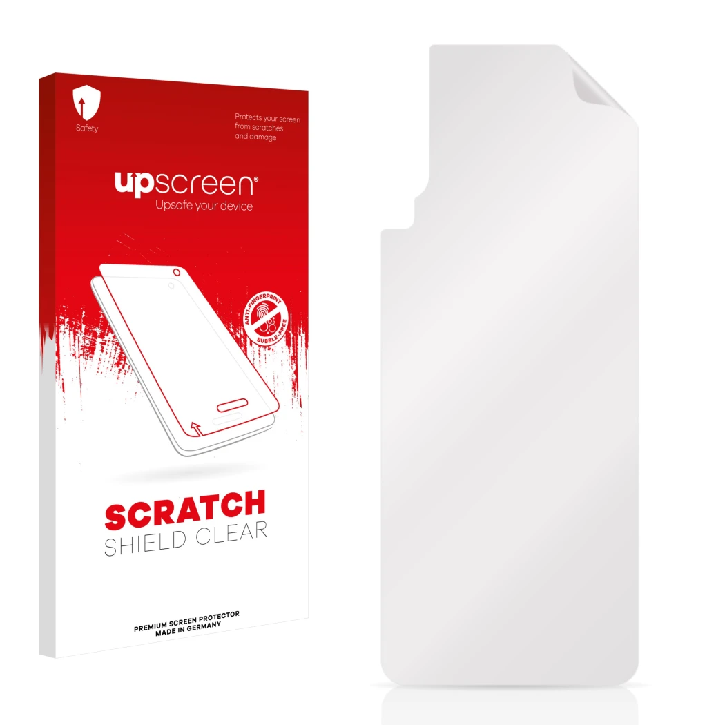 Face avant d’un emballage produit avec le logo de la marque upscreen. À côté se trouve la protection d’écran correspondante.