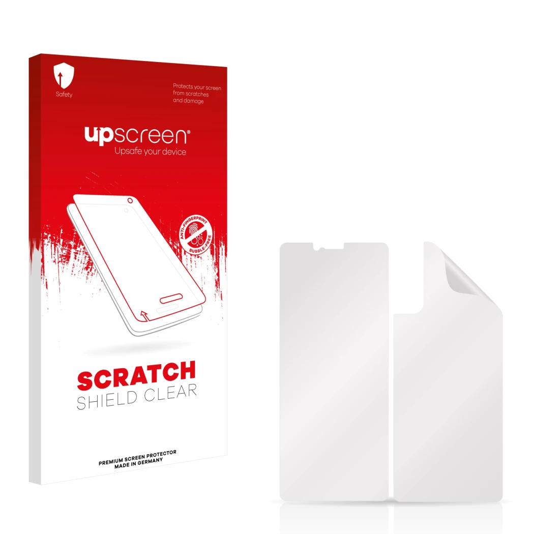 Face avant d’un emballage produit avec le logo de la marque upscreen. À côté se trouve la protection d’écran correspondante.