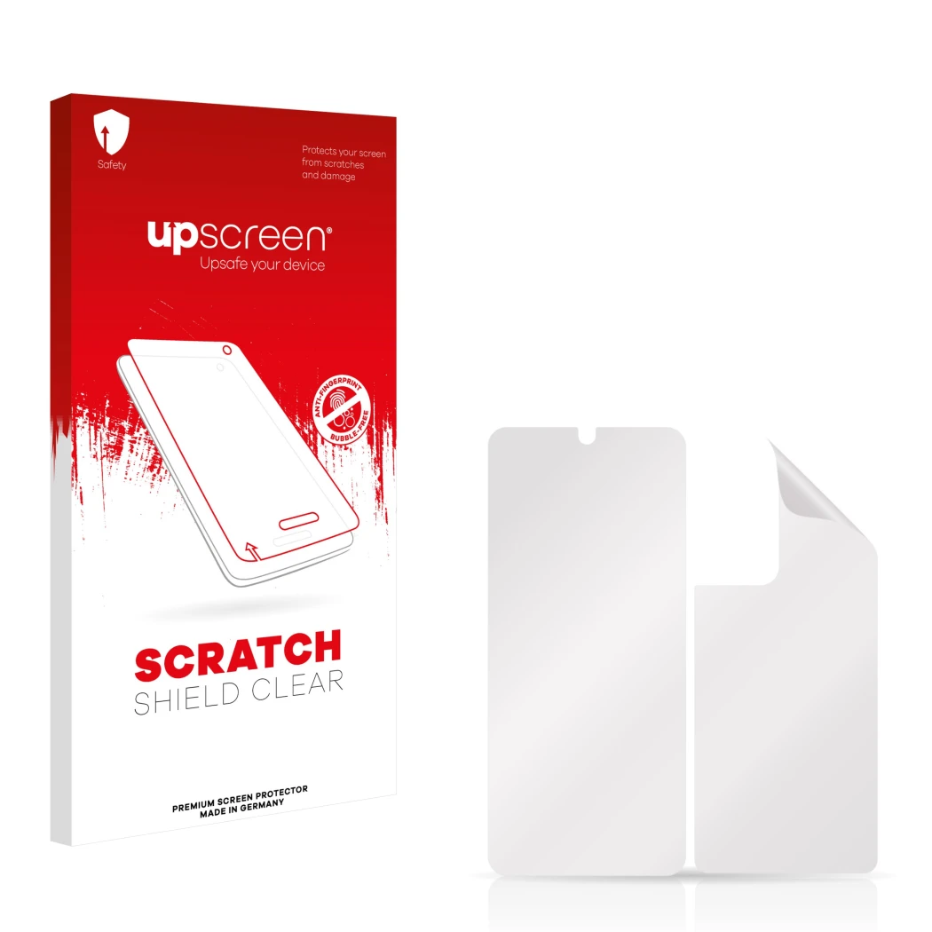 Face avant d’un emballage produit avec le logo de la marque upscreen. À côté se trouve la protection d’écran correspondante.