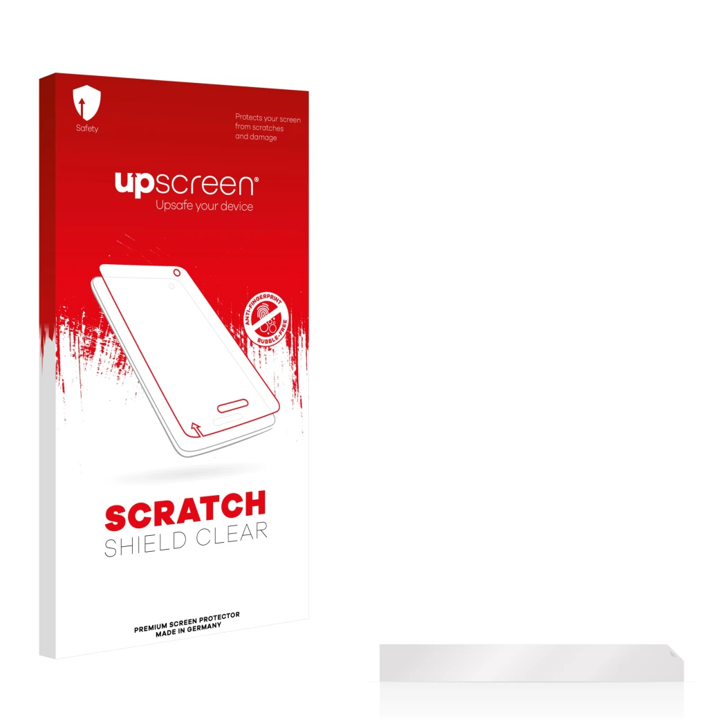 Face avant d’un emballage produit avec le logo de la marque upscreen. À côté se trouve la protection d’écran correspondante.