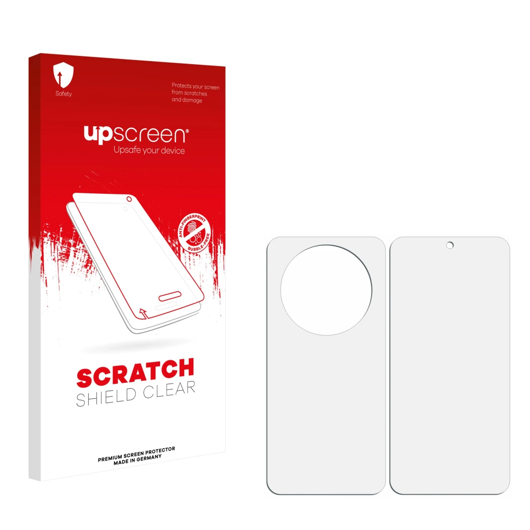 Face avant d’un emballage produit avec le logo de la marque upscreen. À côté se trouve la protection d’écran correspondante.