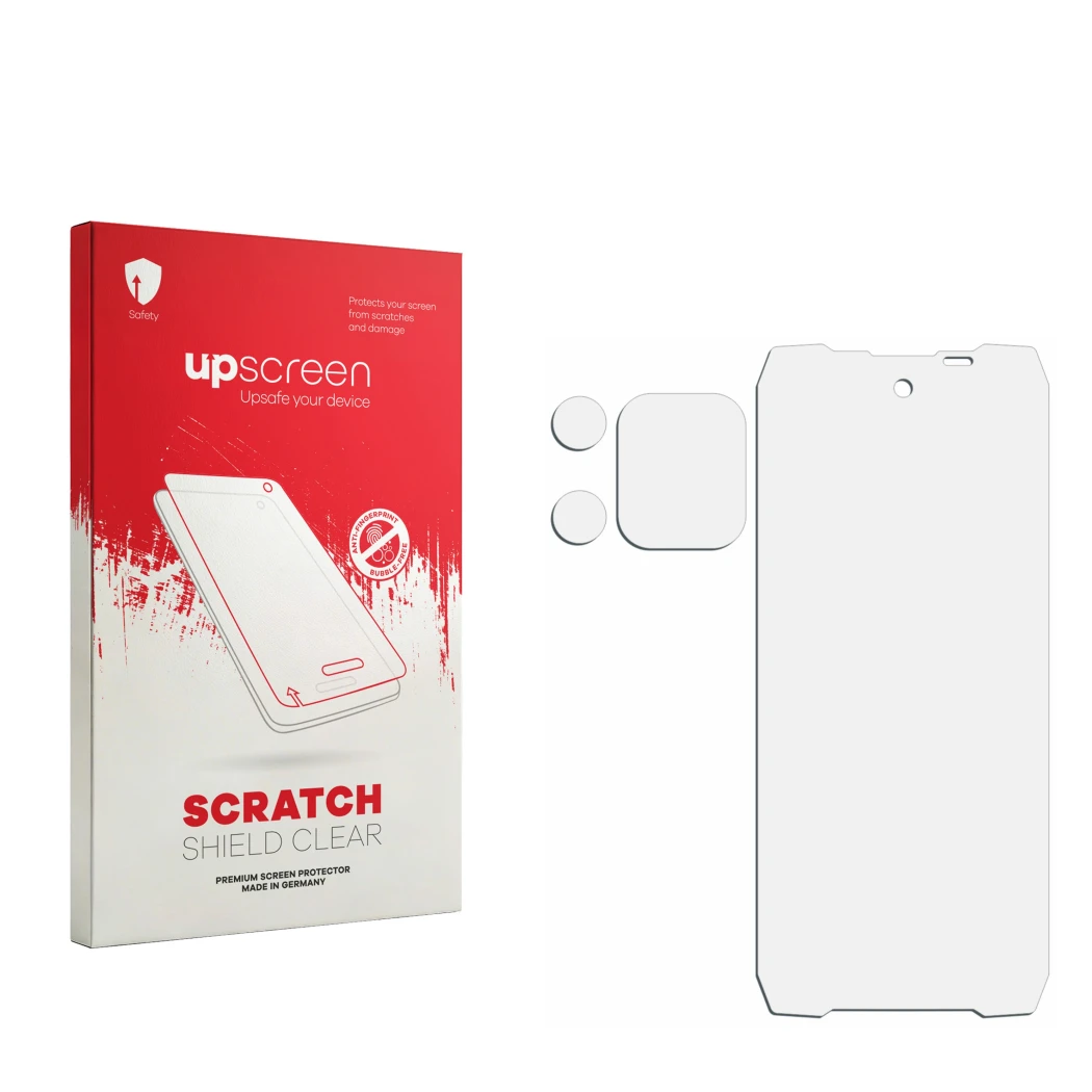 Face avant d’un emballage produit avec le logo de la marque upscreen. À côté se trouve la protection d’écran correspondante.