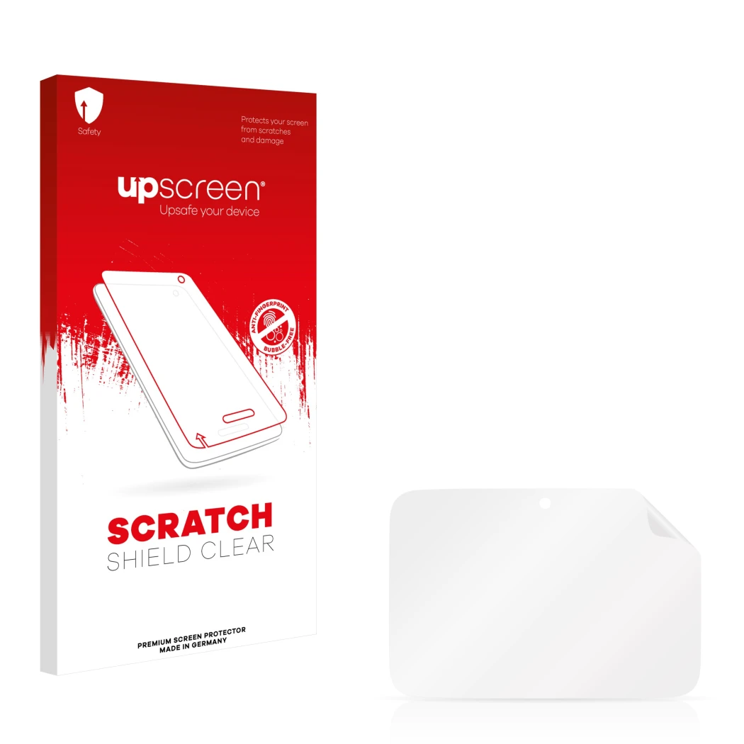 Face avant d’un emballage produit avec le logo de la marque upscreen. À côté se trouve la protection d’écran correspondante.