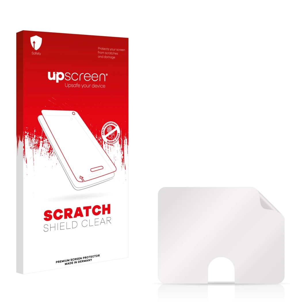 Face avant d’un emballage produit avec le logo de la marque upscreen. À côté se trouve la protection d’écran correspondante.