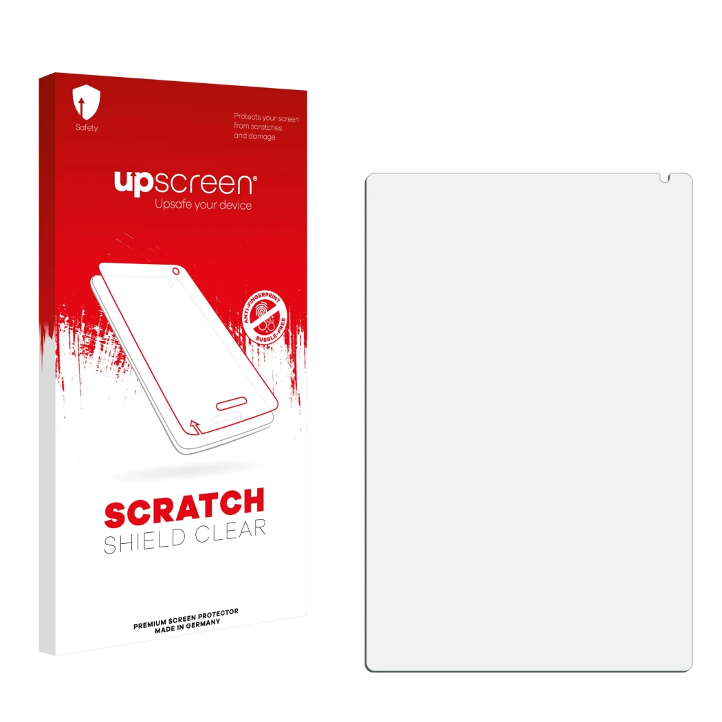 Face avant d’un emballage produit avec le logo de la marque upscreen. À côté se trouve la protection d’écran correspondante.