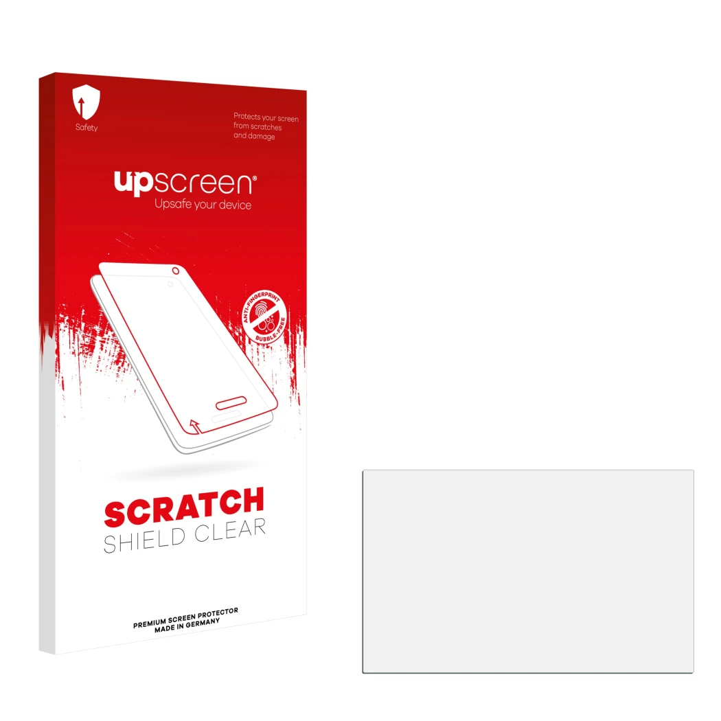 Face avant d’un emballage produit avec le logo de la marque upscreen. À côté se trouve la protection d’écran correspondante.