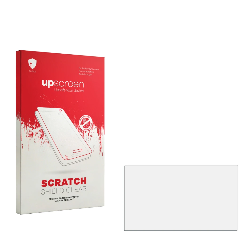 Face avant d’un emballage produit avec le logo de la marque upscreen. À côté se trouve la protection d’écran correspondante.