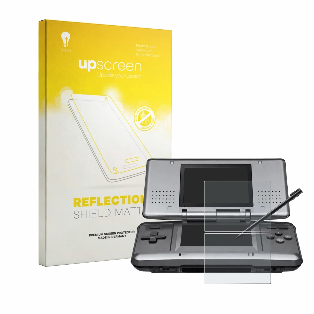 Face avant d’un emballage produit avec le logo de la marque upscreen. À côté, l’appareil Nintendo DS est représenté avec la pr