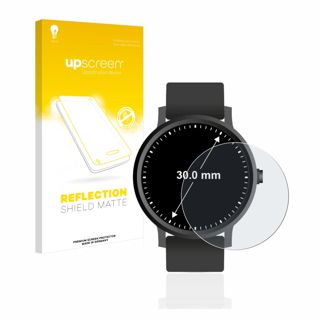 Face avant d’un emballage produit avec le logo de la marque upscreen. À côté, l’appareil Montres (Circulaire, ø: 30 mm) est re