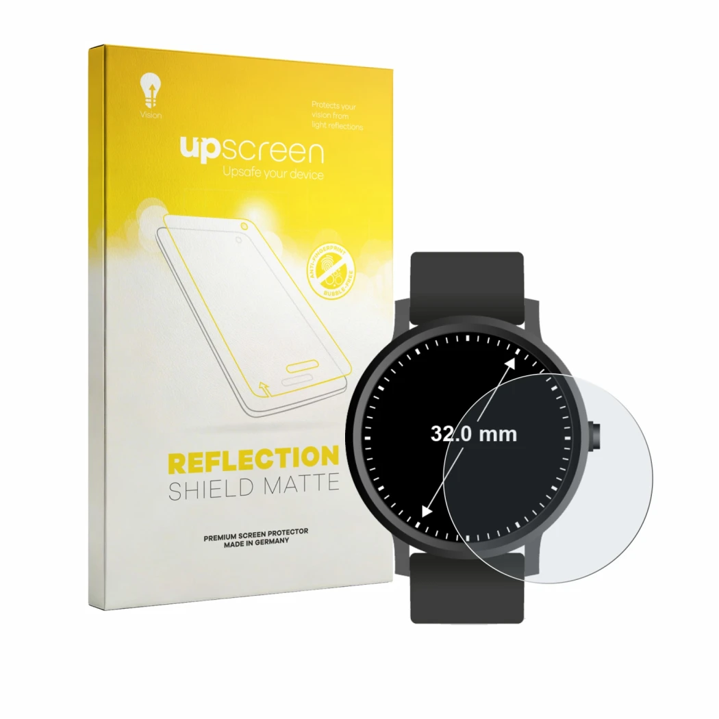 Face avant d’un emballage produit avec le logo de la marque upscreen. À côté, l’appareil Montres (Circulaire, ø: 32 mm) est re