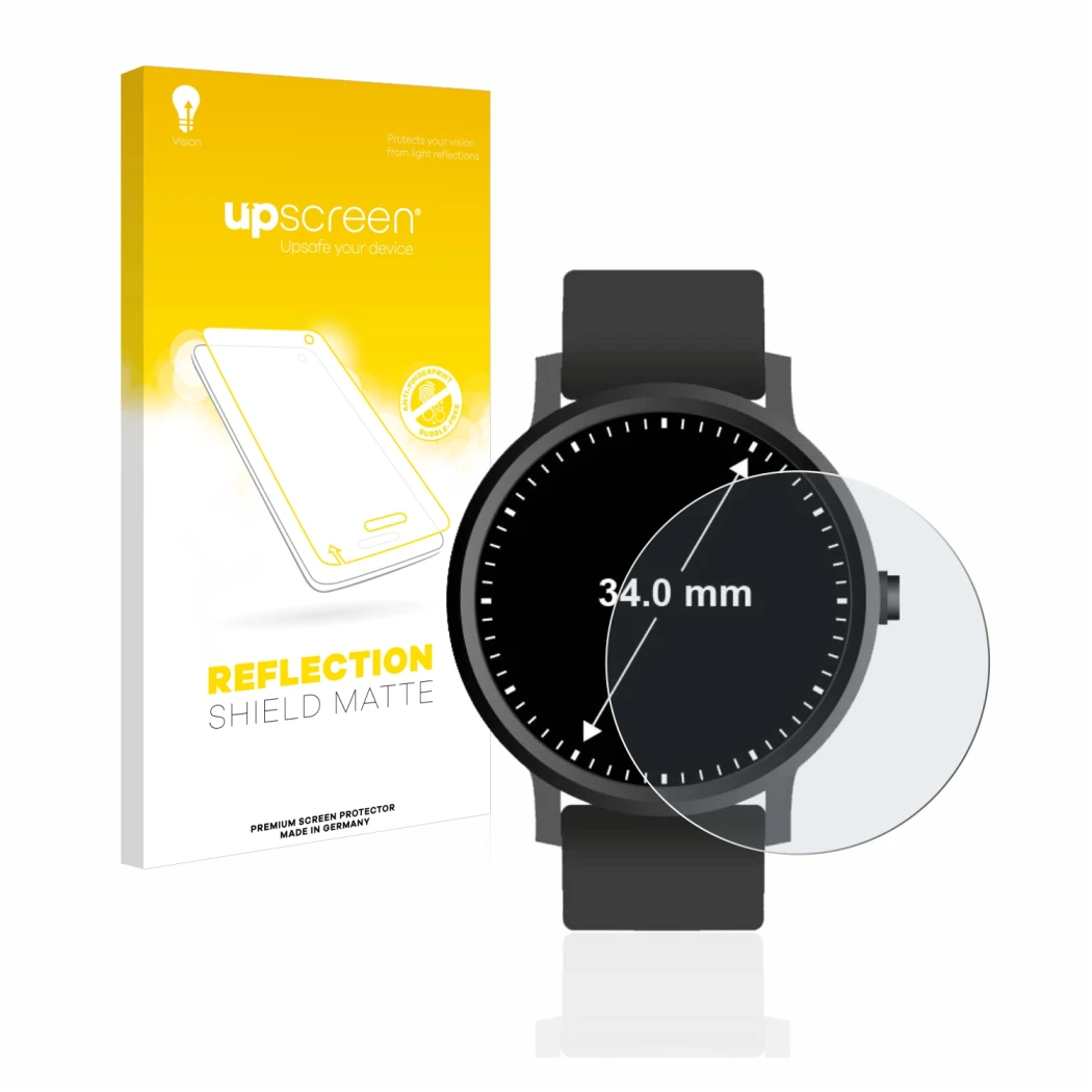 Face avant d’un emballage produit avec le logo de la marque upscreen. À côté, l’appareil Montres (Circulaire, ø: 34 mm) est re
