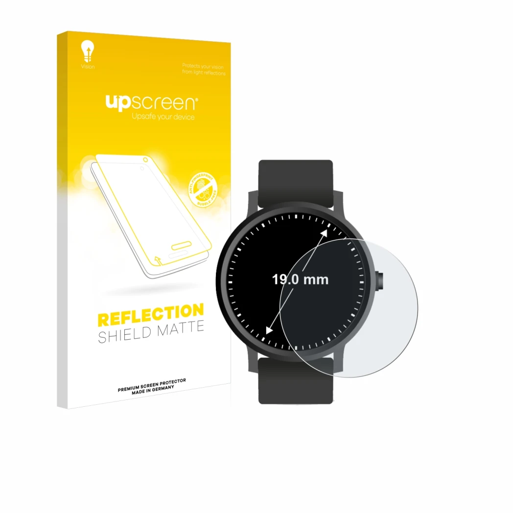 Face avant d’un emballage produit avec le logo de la marque upscreen. À côté, l’appareil Montres (Circulaire, ø: 19 mm) est re