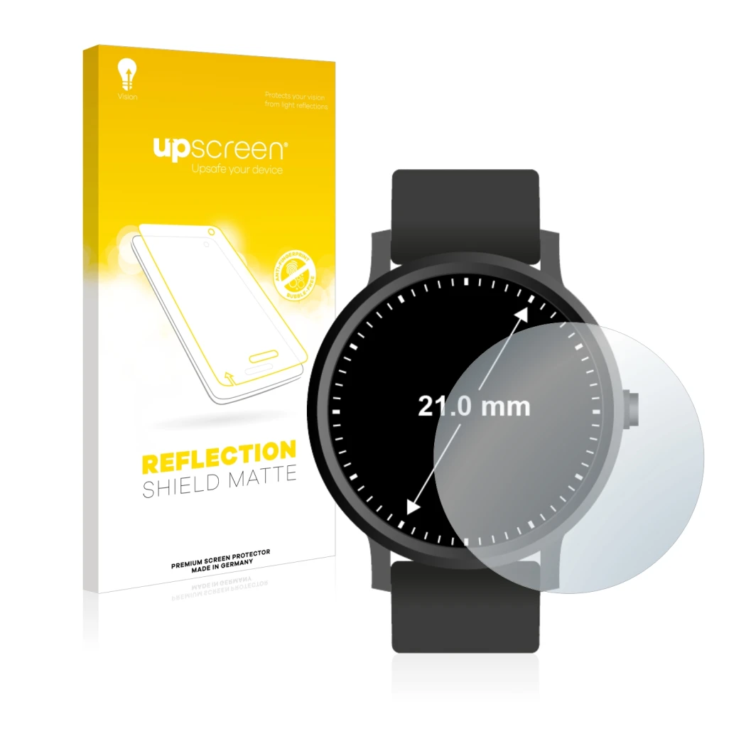 Face avant d’un emballage produit avec le logo de la marque upscreen. À côté, l’appareil Montres (Circulaire, ø: 21 mm) est re