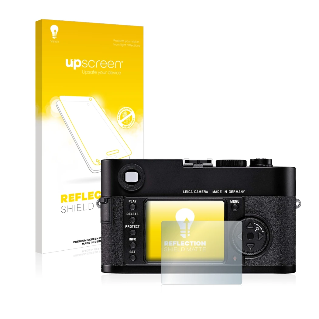 Face avant d’un emballage produit avec le logo de la marque upscreen. À côté, l’appareil Leica M8 est représenté avec la prote