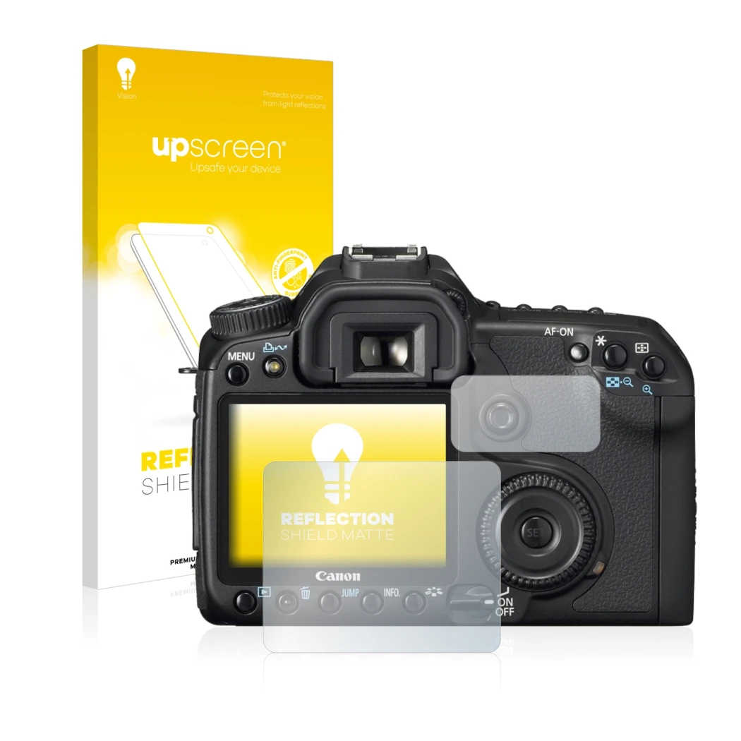 Face avant d’un emballage produit avec le logo de la marque upscreen. À côté, l’appareil Canon EOS 40D est représenté avec la