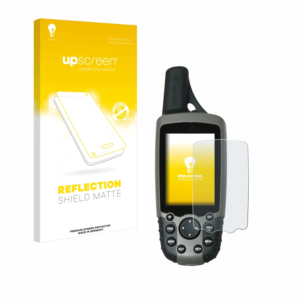 Face avant d’un emballage produit avec le logo de la marque upscreen. À côté, l’appareil Garmin GPSMAP 60CSx est représenté av
