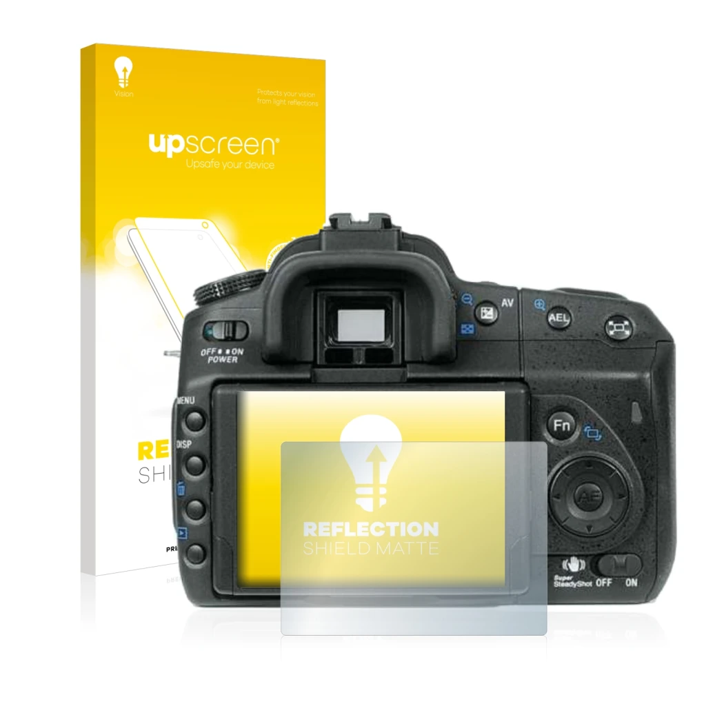 Face avant d’un emballage produit avec le logo de la marque upscreen. À côté, l’appareil Sony Alpha 350 (DSLR-A350) est représ