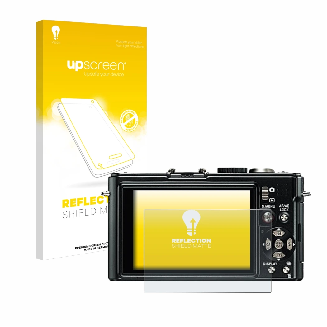 Face avant d’un emballage produit avec le logo de la marque upscreen. À côté, l’appareil Leica D-Lux 4 est représenté avec la