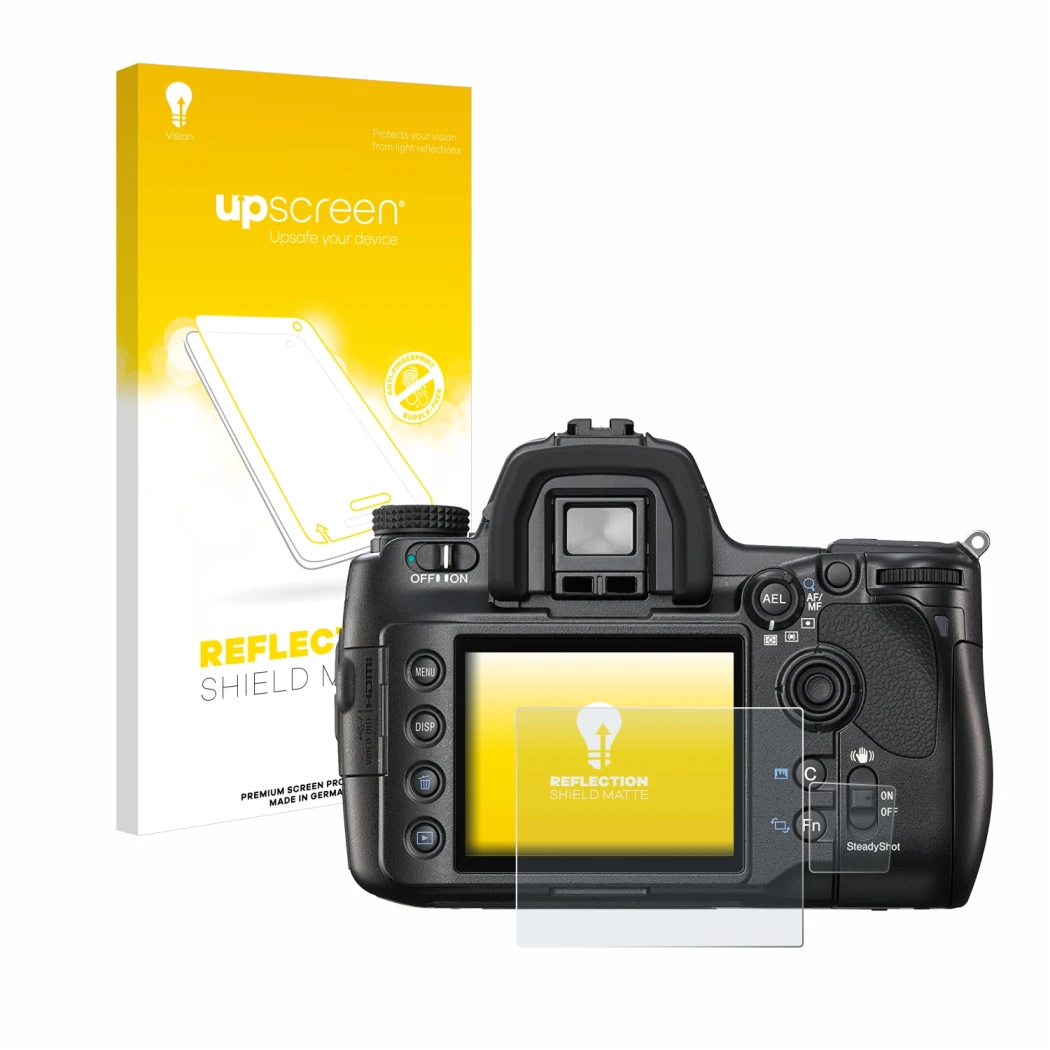 Face avant d’un emballage produit avec le logo de la marque upscreen. À côté, l’appareil Sony Alpha 900 (DSLR-A900) est représ