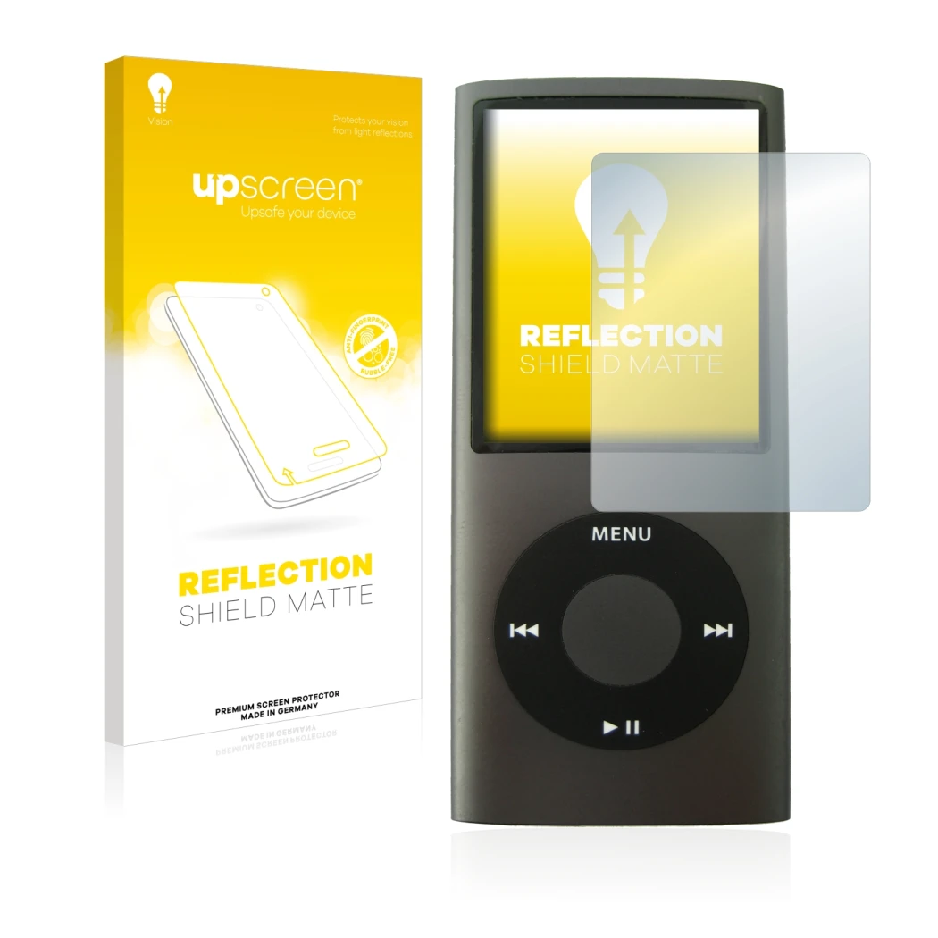 Face avant d’un emballage produit avec le logo de la marque upscreen. À côté, l’appareil Apple iPod nano (4ème Gen.) est repré