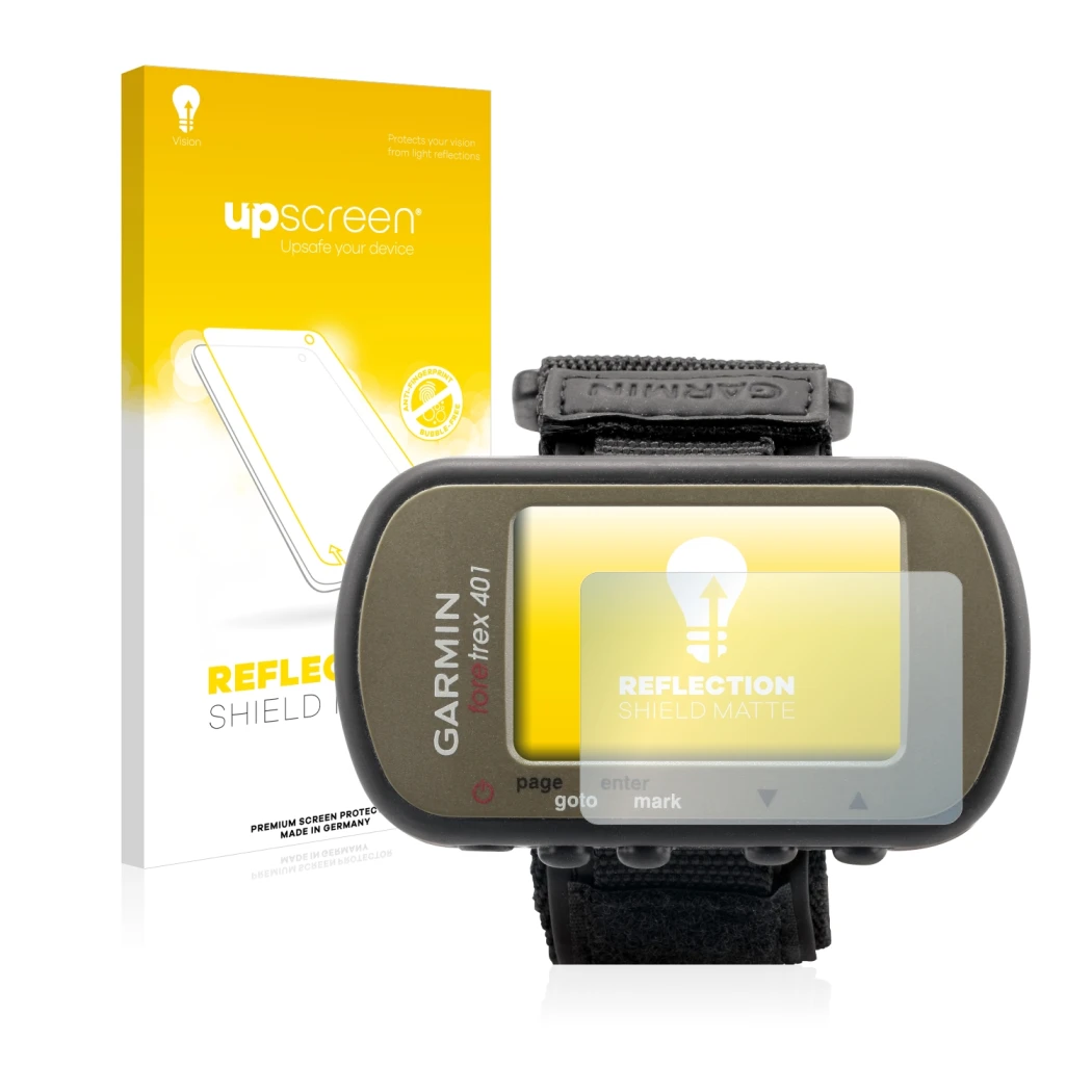 Face avant d’un emballage produit avec le logo de la marque upscreen. À côté, l’appareil Garmin Foretrex 401 est représenté av