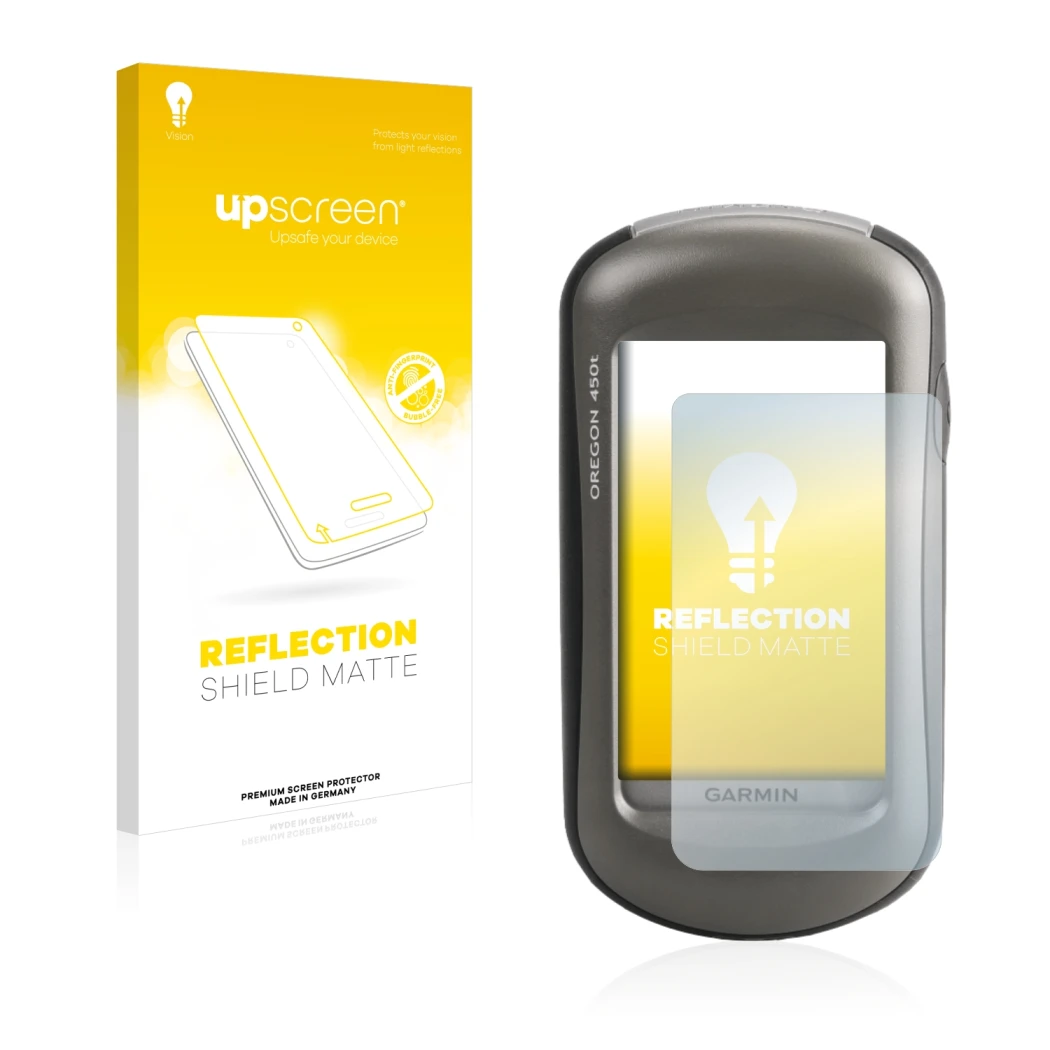 Face avant d’un emballage produit avec le logo de la marque upscreen. À côté, l’appareil Garmin Oregon 450 est représenté avec