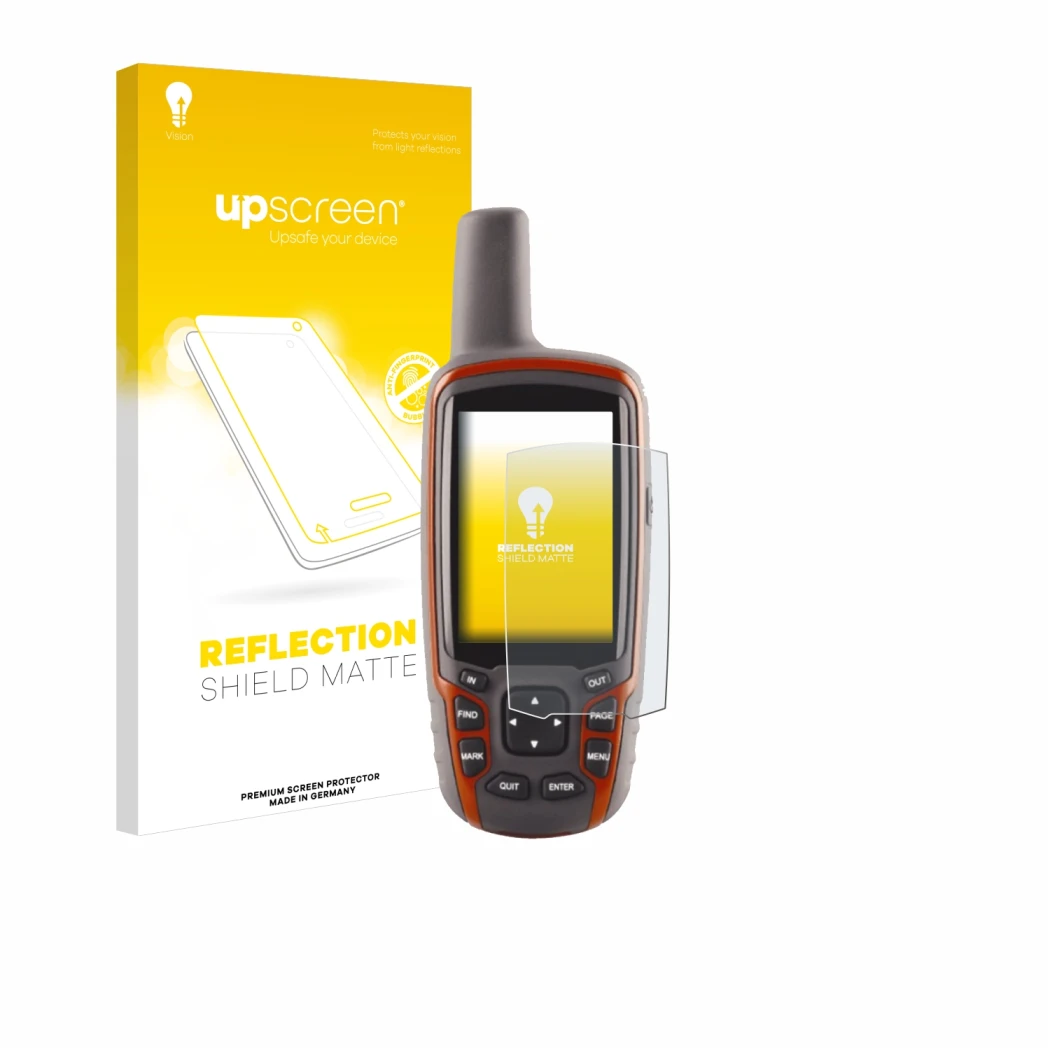 Face avant d’un emballage produit avec le logo de la marque upscreen. À côté, l’appareil Garmin GPSMAP 62s est représenté avec