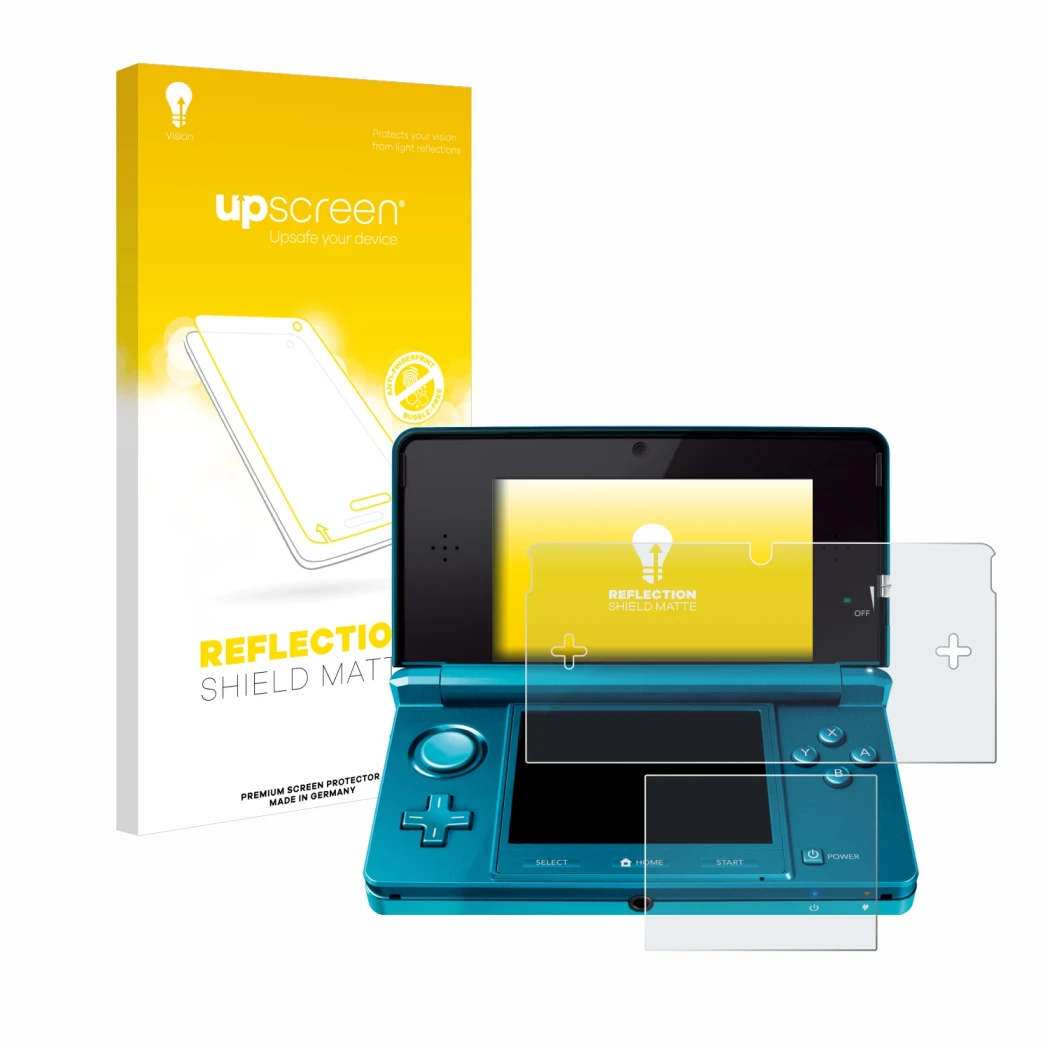 Face avant d’un emballage produit avec le logo de la marque upscreen. À côté, l’appareil Nintendo 3DS est représenté avec la p