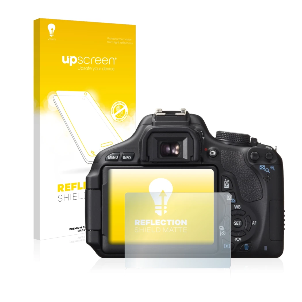 Face avant d’un emballage produit avec le logo de la marque upscreen. À côté, l’appareil Canon EOS 600D est représenté avec la