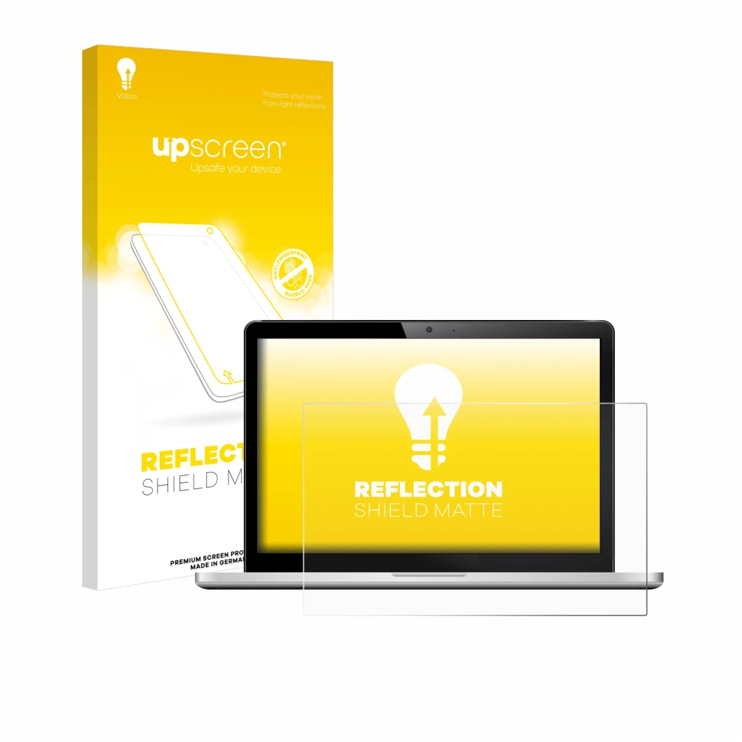 Face avant d’un emballage produit avec le logo de la marque upscreen. À côté, l’appareil est représenté avec la protection d’é