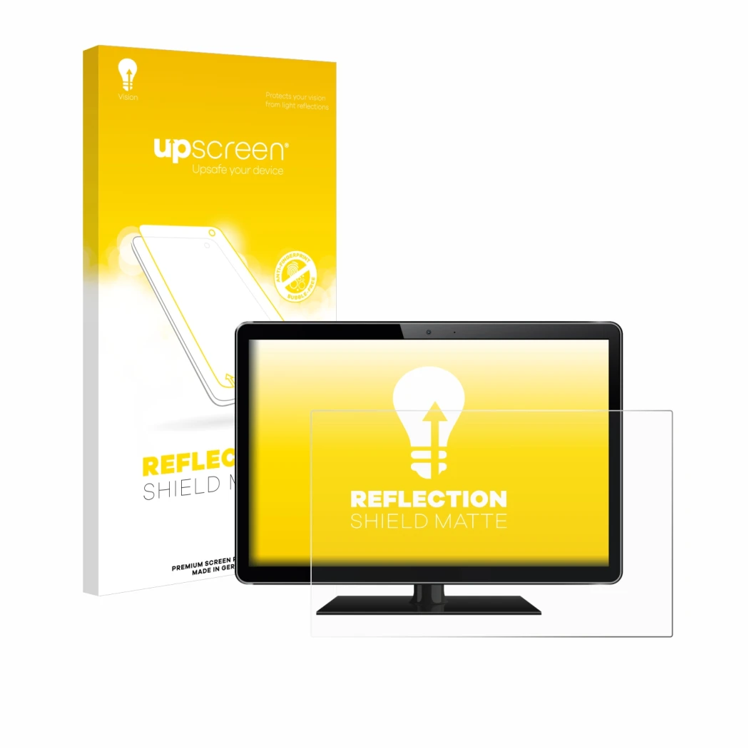 Face avant d’un emballage produit avec le logo de la marque upscreen. À côté, l’appareil est représenté avec la protection d’é