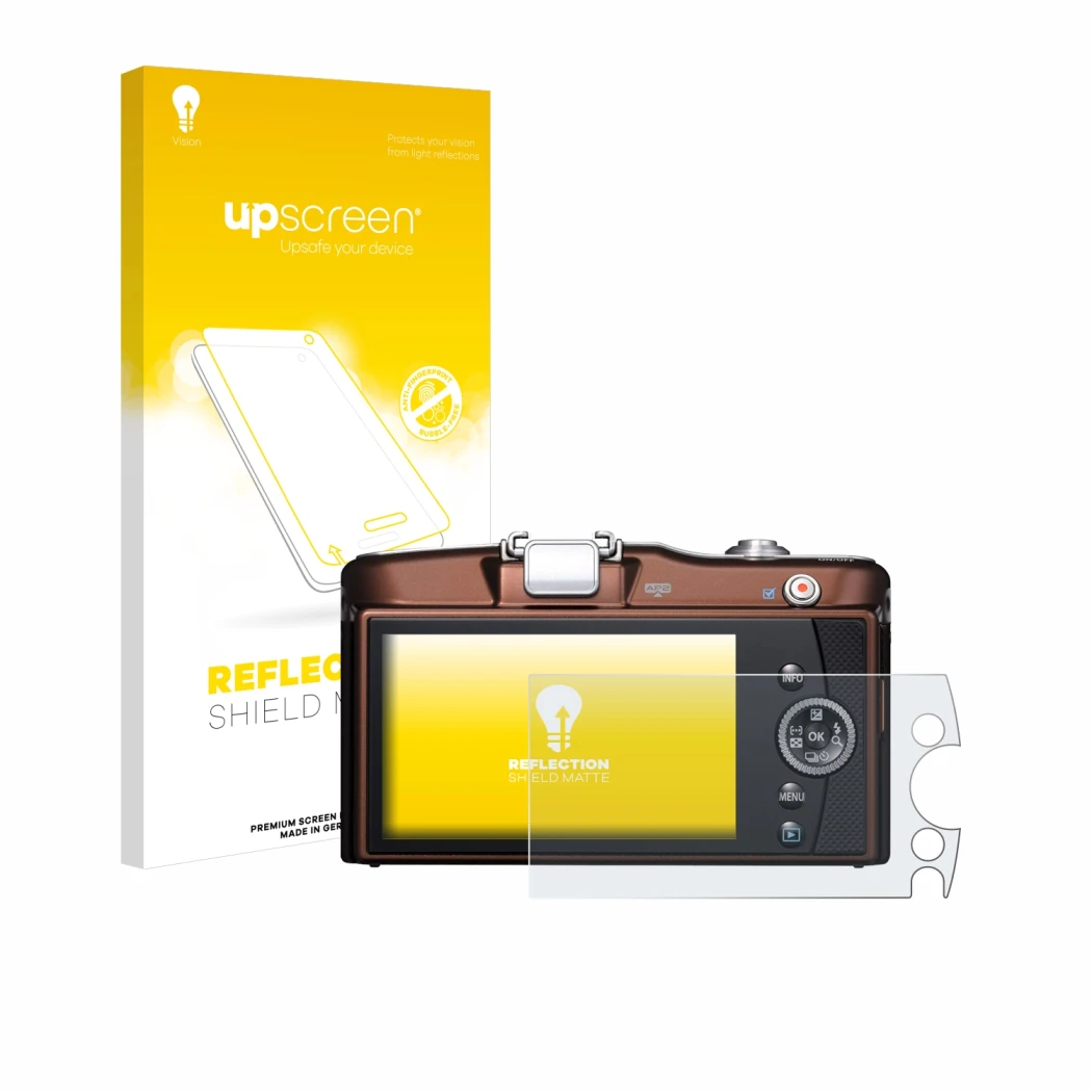 Face avant d’un emballage produit avec le logo de la marque upscreen. À côté, l’appareil Olympus PEN E-PM1 est représenté avec